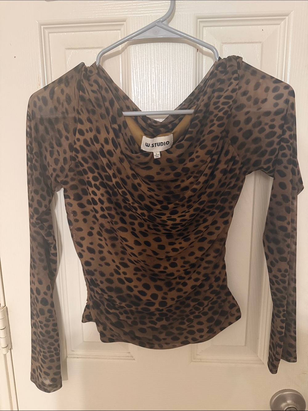 Brown Leopard-Print Drape Neck Long Sleeve Top
